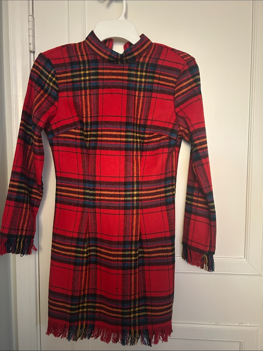 Red Plaid Long-Sleeve Fringe Hem Mini Dress
